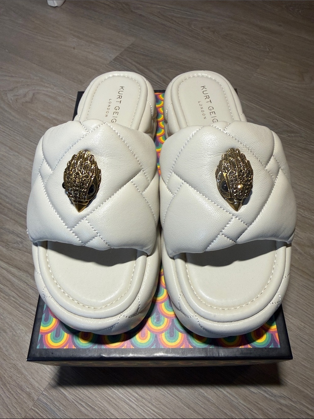Kurt Geiger Kensington Cream Quilted Puff Slides Platform